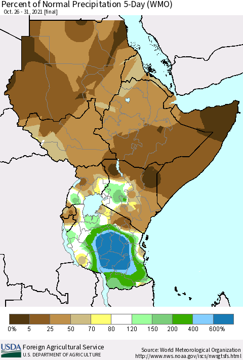 Eastern Africa Percent of Normal Precipitation 5-Day (WMO) Thematic Map For 10/26/2021 - 10/31/2021