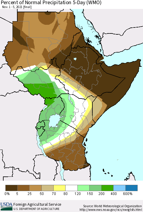 Eastern Africa Percent of Normal Precipitation 5-Day (WMO) Thematic Map For 11/1/2021 - 11/5/2021
