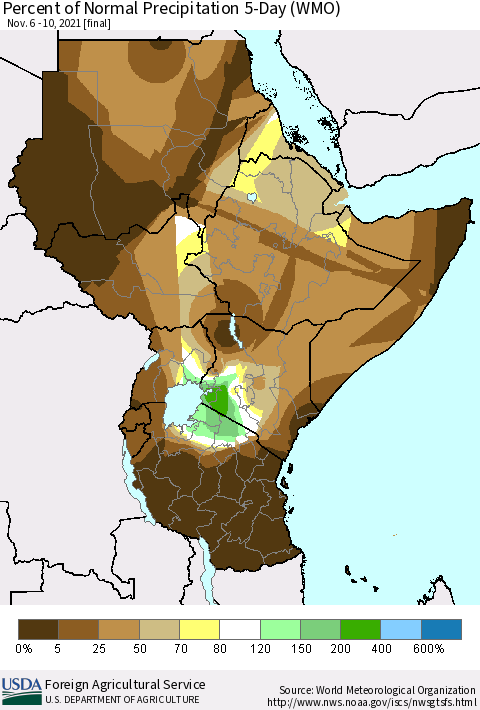 Eastern Africa Percent of Normal Precipitation 5-Day (WMO) Thematic Map For 11/6/2021 - 11/10/2021