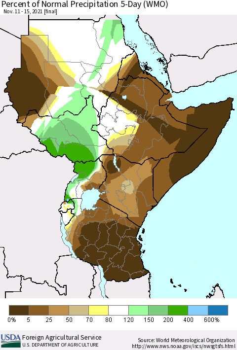 Eastern Africa Percent of Normal Precipitation 5-Day (WMO) Thematic Map For 11/11/2021 - 11/15/2021
