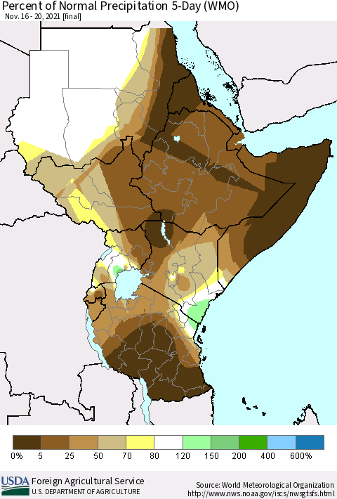 Eastern Africa Percent of Normal Precipitation 5-Day (WMO) Thematic Map For 11/16/2021 - 11/20/2021
