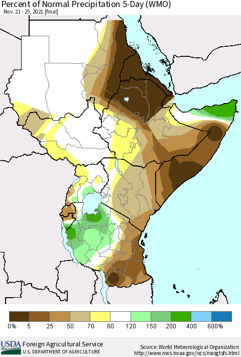 Eastern Africa Percent of Normal Precipitation 5-Day (WMO) Thematic Map For 11/21/2021 - 11/25/2021