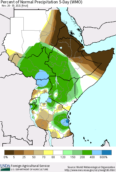 Eastern Africa Percent of Normal Precipitation 5-Day (WMO) Thematic Map For 11/26/2021 - 11/30/2021
