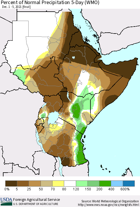 Eastern Africa Percent of Normal Precipitation 5-Day (WMO) Thematic Map For 12/1/2021 - 12/5/2021