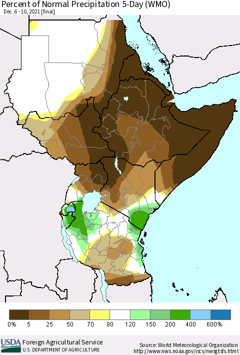 Eastern Africa Percent of Normal Precipitation 5-Day (WMO) Thematic Map For 12/6/2021 - 12/10/2021