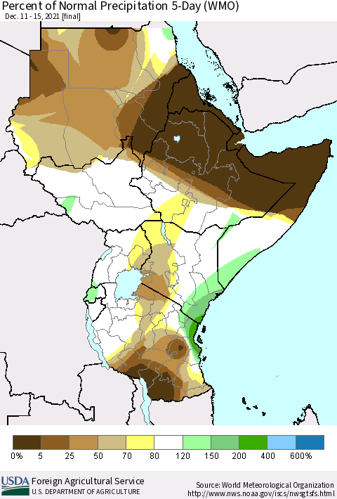 Eastern Africa Percent of Normal Precipitation 5-Day (WMO) Thematic Map For 12/11/2021 - 12/15/2021