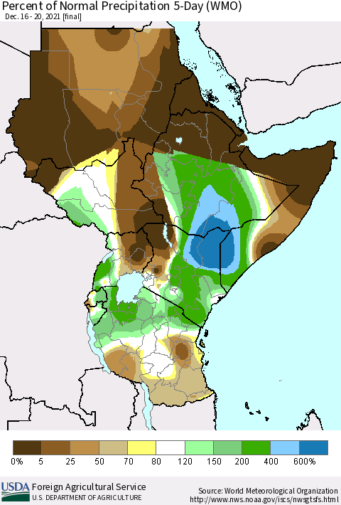 Eastern Africa Percent of Normal Precipitation 5-Day (WMO) Thematic Map For 12/16/2021 - 12/20/2021