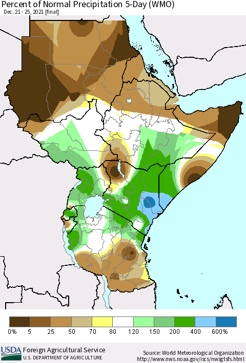 Eastern Africa Percent of Normal Precipitation 5-Day (WMO) Thematic Map For 12/21/2021 - 12/25/2021