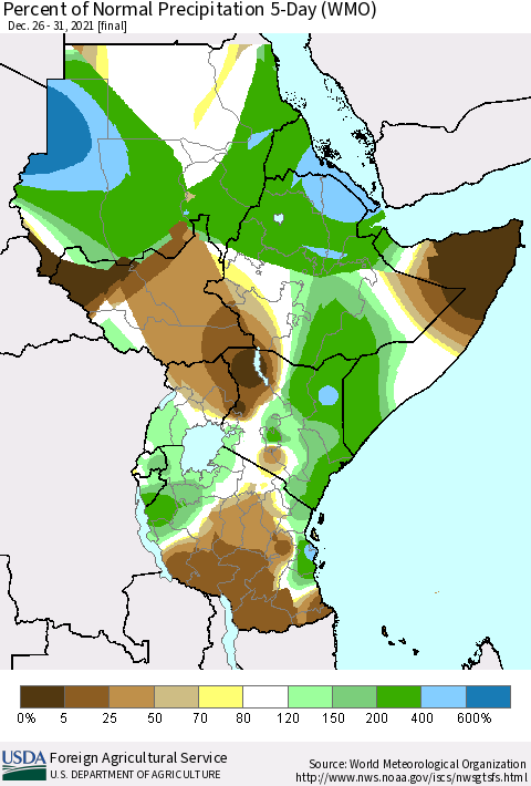 Eastern Africa Percent of Normal Precipitation 5-Day (WMO) Thematic Map For 12/26/2021 - 12/31/2021