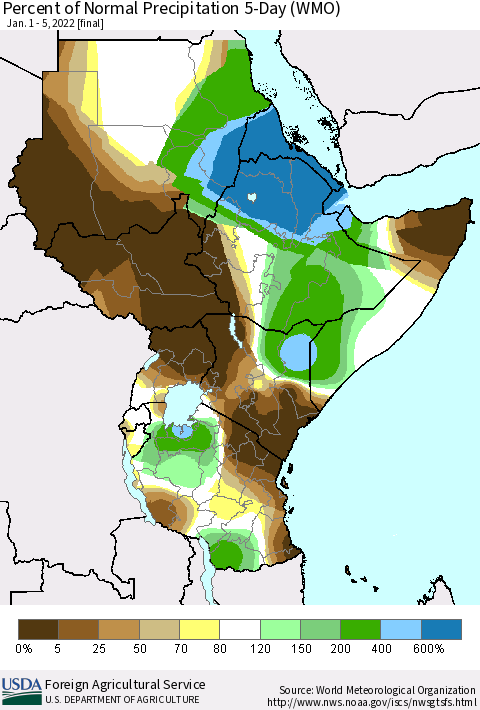 Eastern Africa Percent of Normal Precipitation 5-Day (WMO) Thematic Map For 1/1/2022 - 1/5/2022