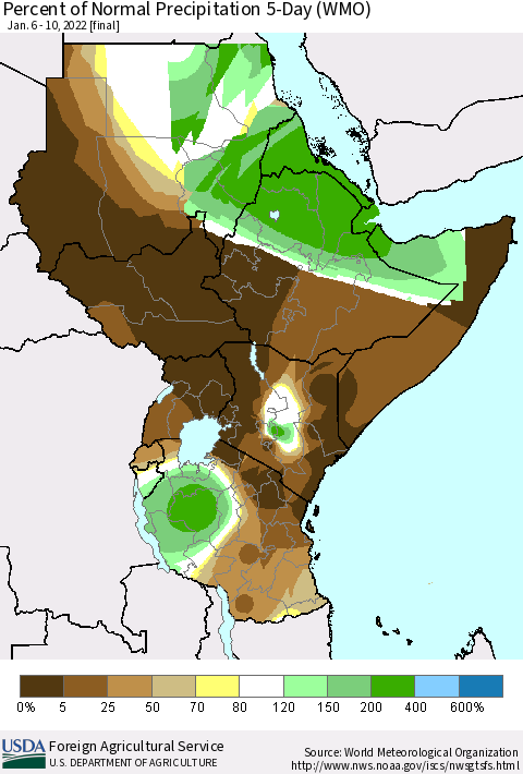 Eastern Africa Percent of Normal Precipitation 5-Day (WMO) Thematic Map For 1/6/2022 - 1/10/2022