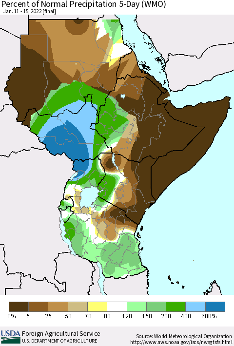 Eastern Africa Percent of Normal Precipitation 5-Day (WMO) Thematic Map For 1/11/2022 - 1/15/2022