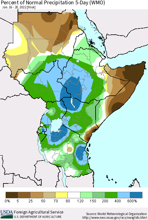 Eastern Africa Percent of Normal Precipitation 5-Day (WMO) Thematic Map For 1/16/2022 - 1/20/2022