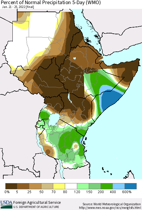 Eastern Africa Percent of Normal Precipitation 5-Day (WMO) Thematic Map For 1/21/2022 - 1/25/2022