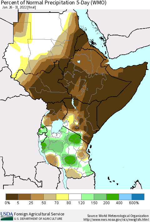 Eastern Africa Percent of Normal Precipitation 5-Day (WMO) Thematic Map For 1/26/2022 - 1/31/2022