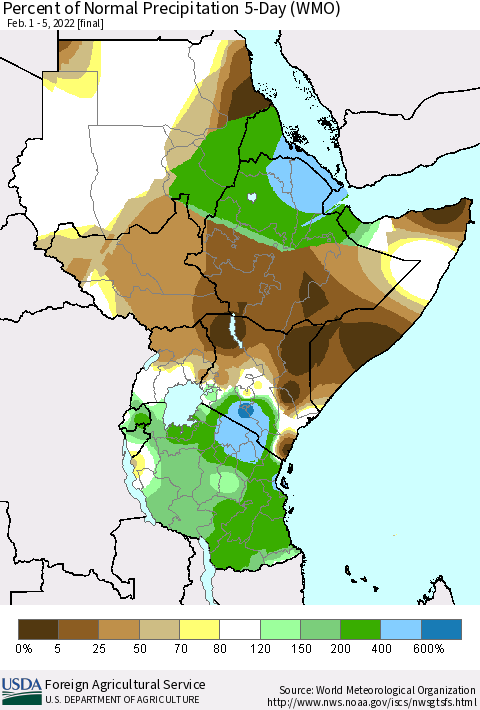 Eastern Africa Percent of Normal Precipitation 5-Day (WMO) Thematic Map For 2/1/2022 - 2/5/2022