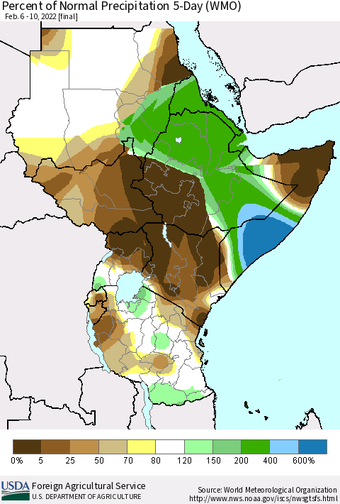 Eastern Africa Percent of Normal Precipitation 5-Day (WMO) Thematic Map For 2/6/2022 - 2/10/2022