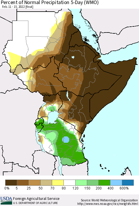 Eastern Africa Percent of Normal Precipitation 5-Day (WMO) Thematic Map For 2/11/2022 - 2/15/2022