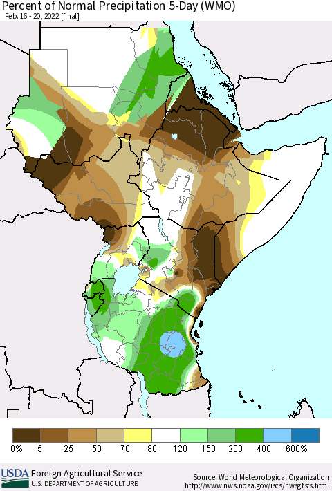 Eastern Africa Percent of Normal Precipitation 5-Day (WMO) Thematic Map For 2/16/2022 - 2/20/2022