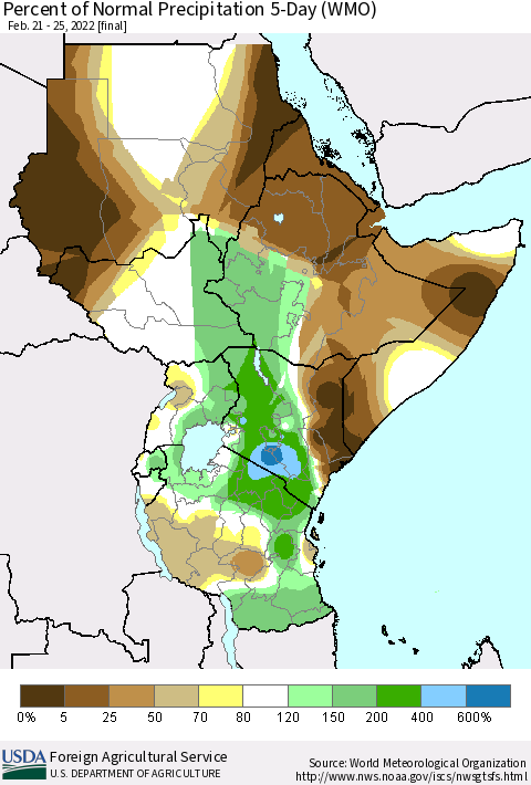 Eastern Africa Percent of Normal Precipitation 5-Day (WMO) Thematic Map For 2/21/2022 - 2/25/2022