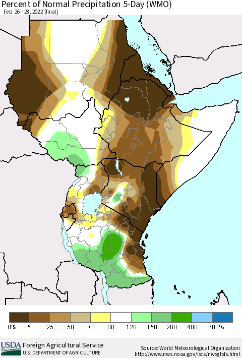 Eastern Africa Percent of Normal Precipitation 5-Day (WMO) Thematic Map For 2/26/2022 - 2/28/2022