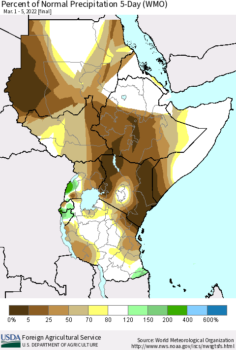 Eastern Africa Percent of Normal Precipitation 5-Day (WMO) Thematic Map For 3/1/2022 - 3/5/2022