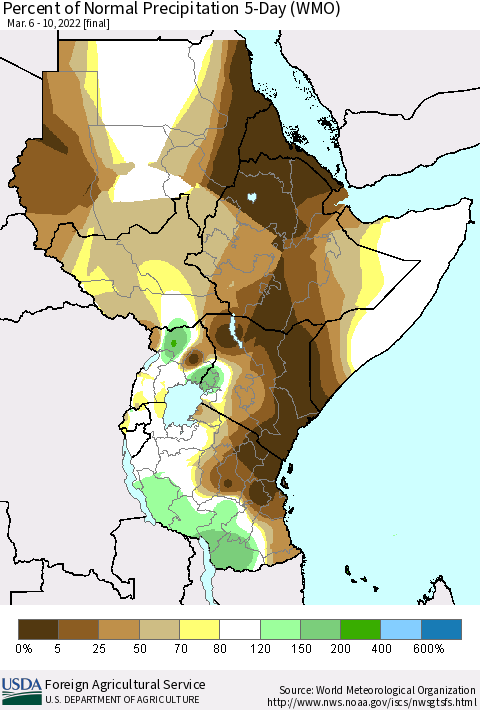 Eastern Africa Percent of Normal Precipitation 5-Day (WMO) Thematic Map For 3/6/2022 - 3/10/2022
