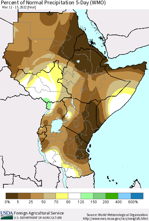 Eastern Africa Percent of Normal Precipitation 5-Day (WMO) Thematic Map For 3/11/2022 - 3/15/2022
