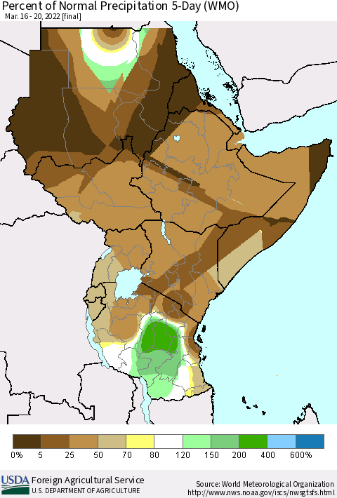 Eastern Africa Percent of Normal Precipitation 5-Day (WMO) Thematic Map For 3/16/2022 - 3/20/2022