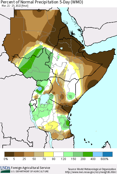 Eastern Africa Percent of Normal Precipitation 5-Day (WMO) Thematic Map For 3/21/2022 - 3/25/2022