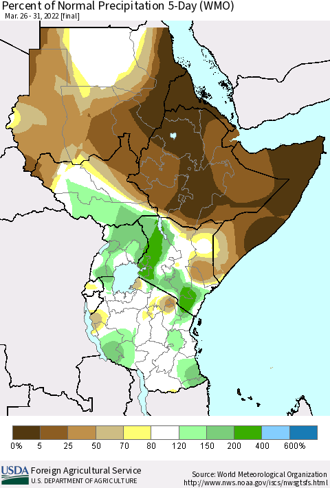 Eastern Africa Percent of Normal Precipitation 5-Day (WMO) Thematic Map For 3/26/2022 - 3/31/2022