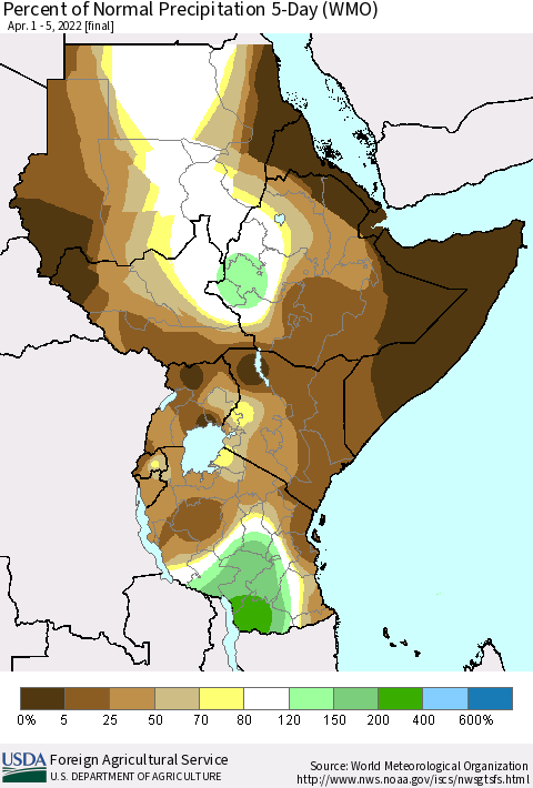 Eastern Africa Percent of Normal Precipitation 5-Day (WMO) Thematic Map For 4/1/2022 - 4/5/2022