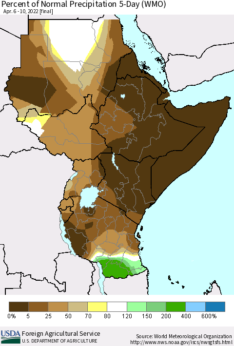 Eastern Africa Percent of Normal Precipitation 5-Day (WMO) Thematic Map For 4/6/2022 - 4/10/2022