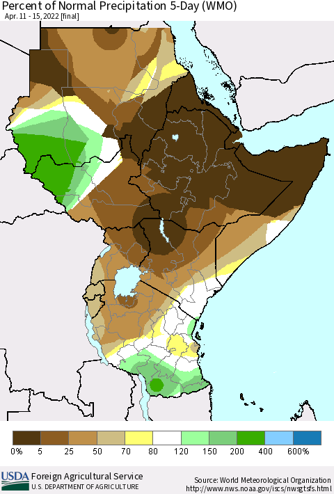 Eastern Africa Percent of Normal Precipitation 5-Day (WMO) Thematic Map For 4/11/2022 - 4/15/2022