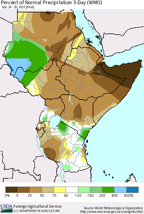 Eastern Africa Percent of Normal Precipitation 5-Day (WMO) Thematic Map For 4/16/2022 - 4/20/2022