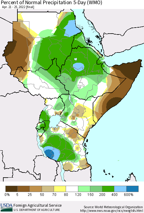 Eastern Africa Percent of Normal Precipitation 5-Day (WMO) Thematic Map For 4/21/2022 - 4/25/2022