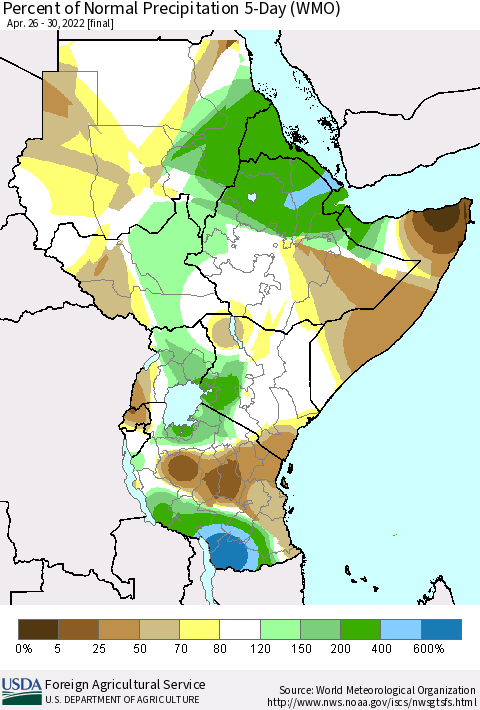 Eastern Africa Percent of Normal Precipitation 5-Day (WMO) Thematic Map For 4/26/2022 - 4/30/2022
