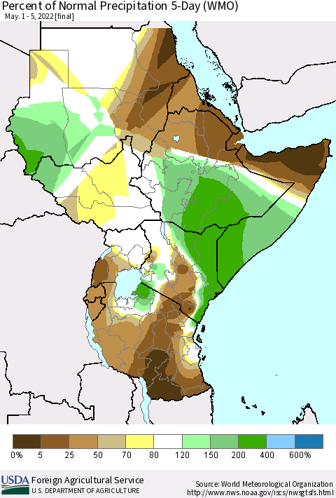 Eastern Africa Percent of Normal Precipitation 5-Day (WMO) Thematic Map For 5/1/2022 - 5/5/2022