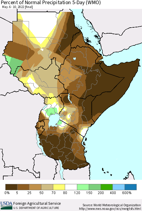 Eastern Africa Percent of Normal Precipitation 5-Day (WMO) Thematic Map For 5/6/2022 - 5/10/2022