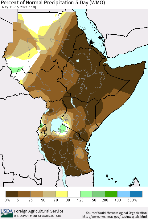 Eastern Africa Percent of Normal Precipitation 5-Day (WMO) Thematic Map For 5/11/2022 - 5/15/2022