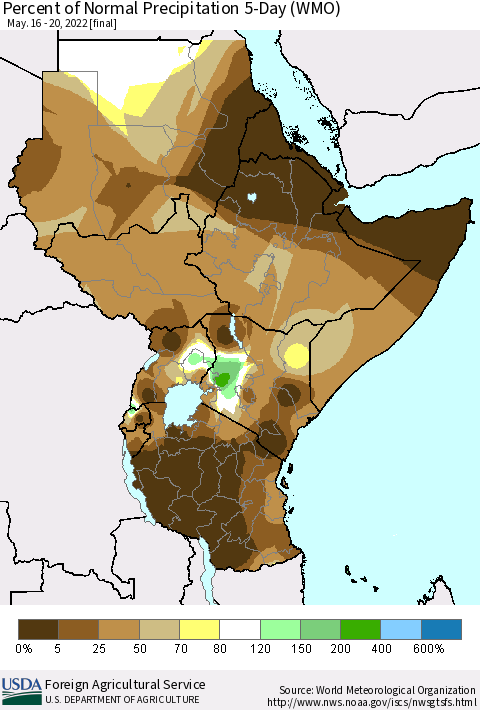 Eastern Africa Percent of Normal Precipitation 5-Day (WMO) Thematic Map For 5/16/2022 - 5/20/2022