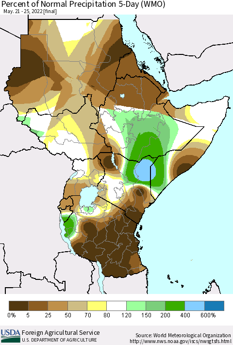 Eastern Africa Percent of Normal Precipitation 5-Day (WMO) Thematic Map For 5/21/2022 - 5/25/2022