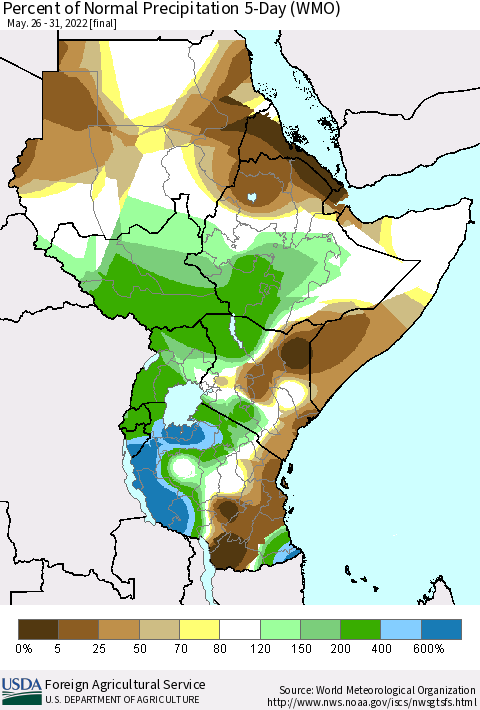 Eastern Africa Percent of Normal Precipitation 5-Day (WMO) Thematic Map For 5/26/2022 - 5/31/2022
