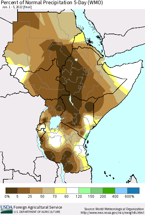 Eastern Africa Percent of Normal Precipitation 5-Day (WMO) Thematic Map For 6/1/2022 - 6/5/2022