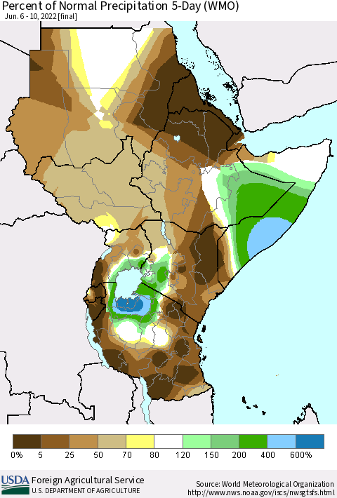 Eastern Africa Percent of Normal Precipitation 5-Day (WMO) Thematic Map For 6/6/2022 - 6/10/2022