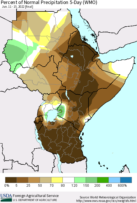 Eastern Africa Percent of Normal Precipitation 5-Day (WMO) Thematic Map For 6/11/2022 - 6/15/2022