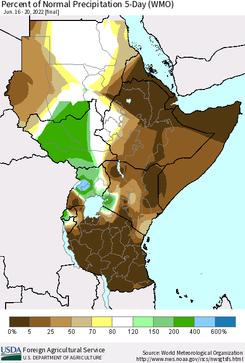 Eastern Africa Percent of Normal Precipitation 5-Day (WMO) Thematic Map For 6/16/2022 - 6/20/2022
