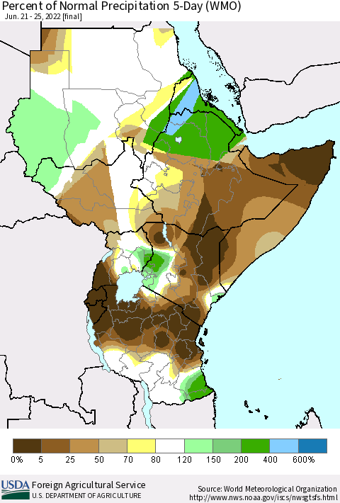 Eastern Africa Percent of Normal Precipitation 5-Day (WMO) Thematic Map For 6/21/2022 - 6/25/2022