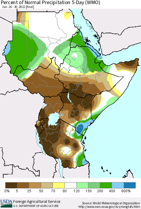 Eastern Africa Percent of Normal Precipitation 5-Day (WMO) Thematic Map For 6/26/2022 - 6/30/2022