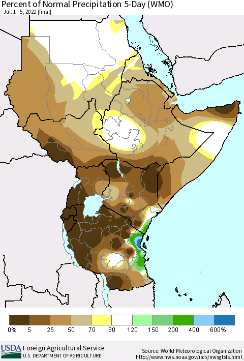 Eastern Africa Percent of Normal Precipitation 5-Day (WMO) Thematic Map For 7/1/2022 - 7/5/2022